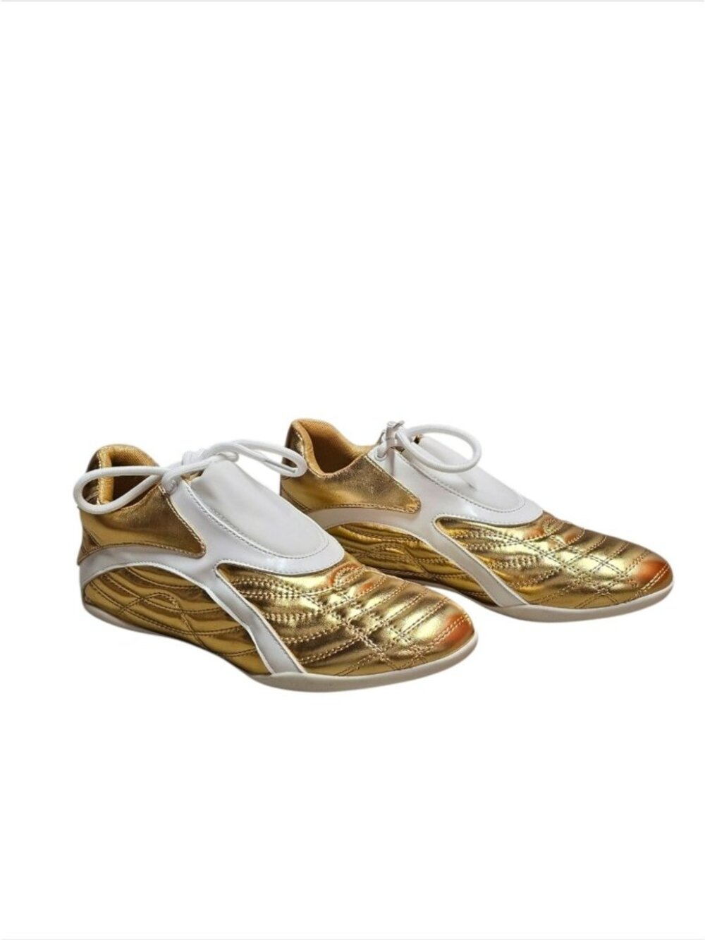 Gold & White Athletic Sneakers With Quilted Design & Lace-Up Closure - Picture 8 of 14